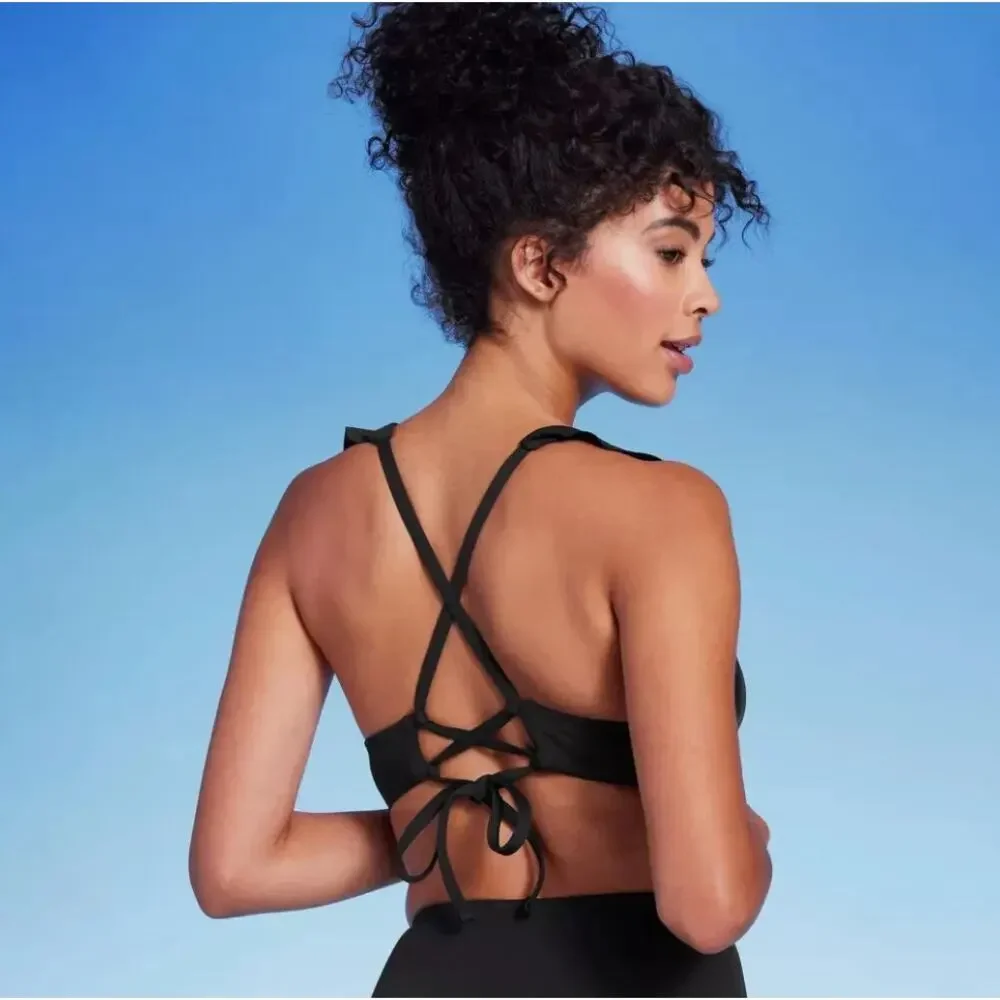 Shade & Shore Black Ruffle Bikini Top Medium NWT - Picture 2 of 6